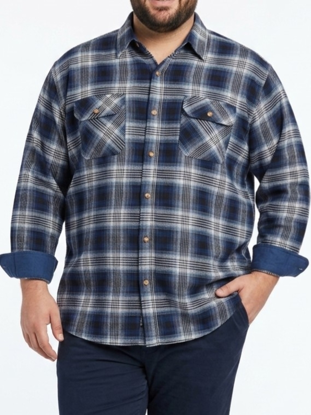 Men's Blue Plaid Long-Sleeve Button-Down Shirt